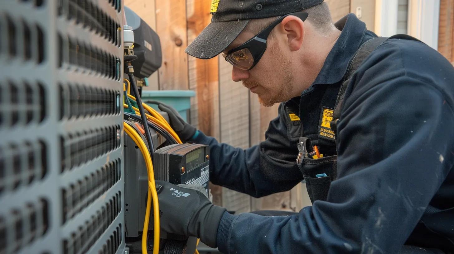 Technician inspecting HVAC system for refrigerant leaks with advanced detection equipment