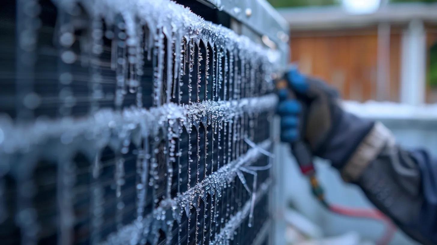 Close-up of air conditioning unit showing signs of Freon leak with ice buildup