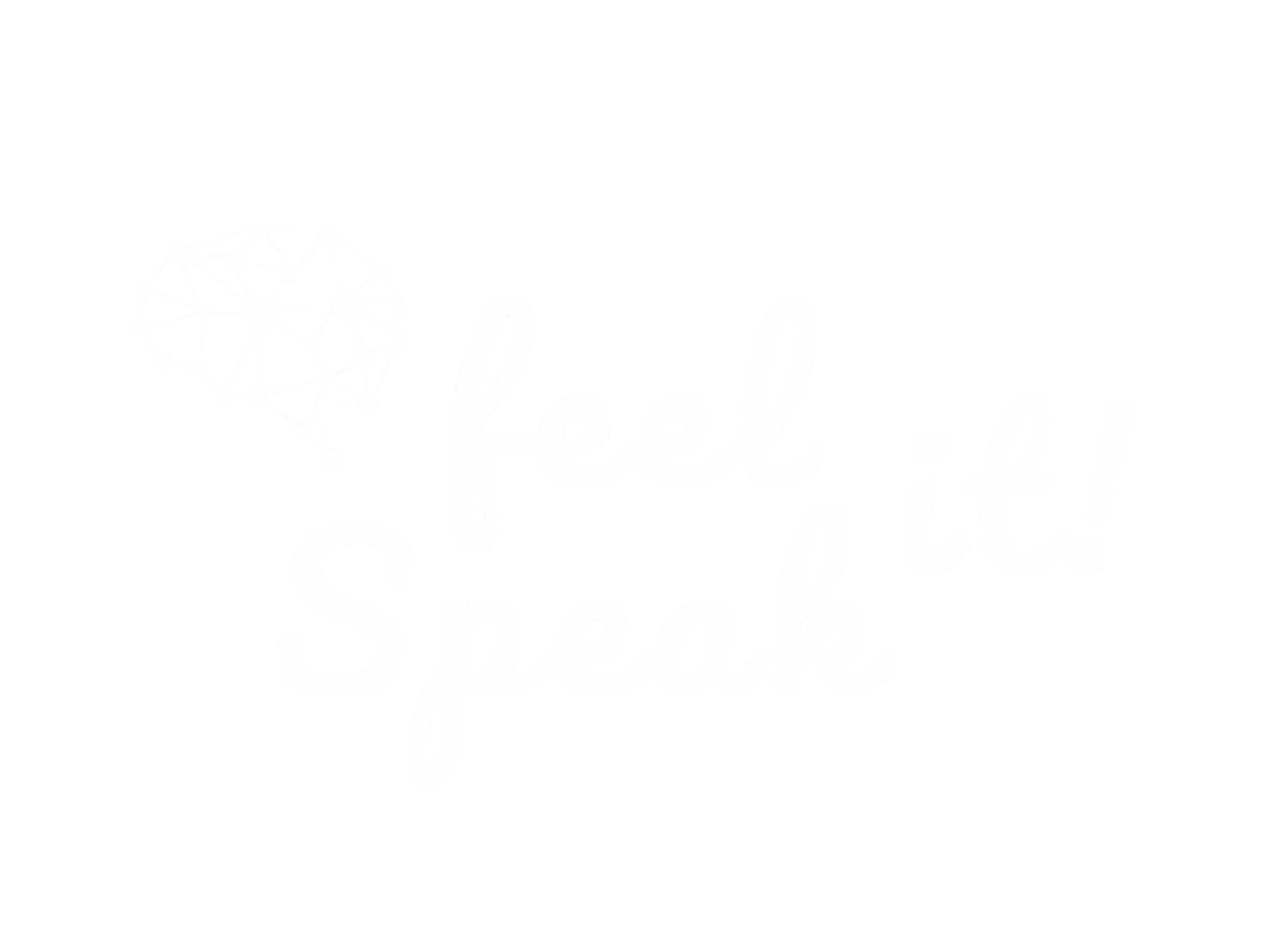 Bílý stylizovaný obrázek mozku vedle nápisu feel it! Speak na černém pozadí.