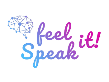 Barevný grafický mozek vedle textu 'Speak feel it!' v plynulém přechodu modré a růžové barvy.
