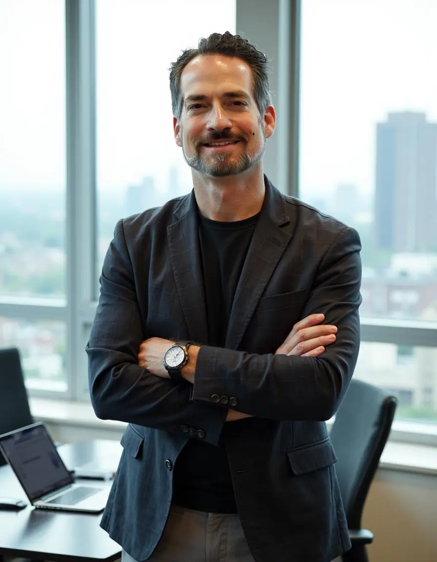 Man with short dark hair and a trimmed beard wearing a dark blazer and black shirt, standing with arms crossed in a bright office with large windows overlooking a cityscape. A laptop and chair are visible on a desk behind him.
