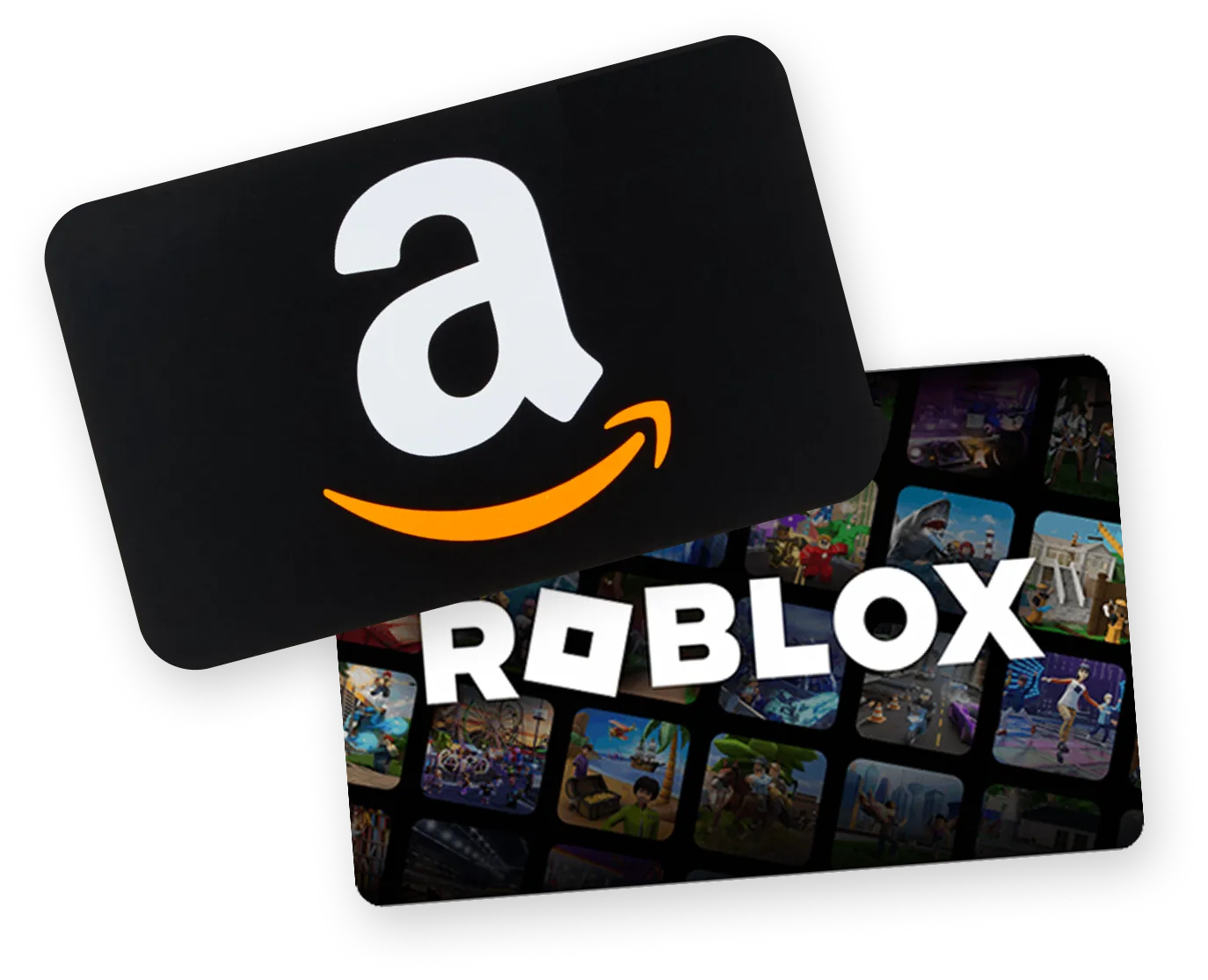 Amazon gift card overlaying a Roblox gift card with multiple game thumbnails in the background.