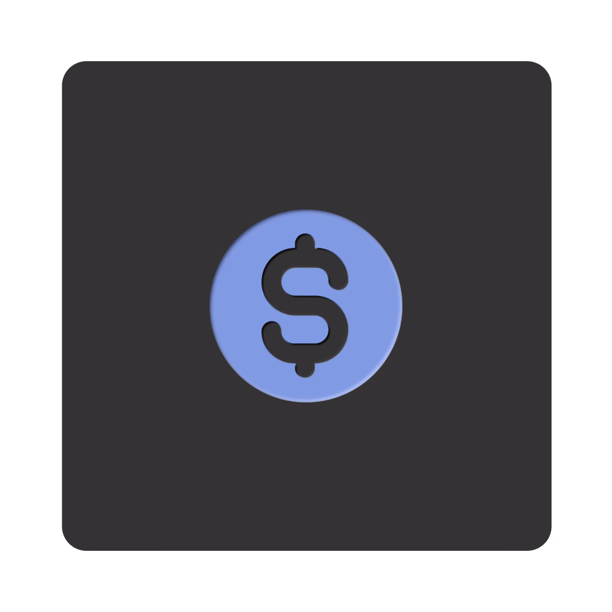 Dark dollar sign icon centered on a purple circular background with a dark gray backdrop.