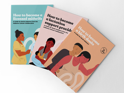 Three booklets with illustrated covers fanned out on the topics of becoming a doula, a lactation support provider, or a midwife.