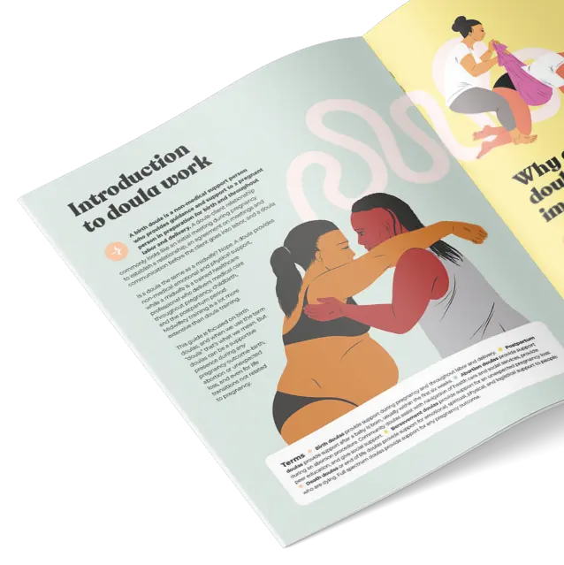 An open booklet with an illustrated image of two people: one person supporting a pregnant individual with an arm around their back. The background is light blue, and the text on the page reads “Introduction to doula work,” discussing the role of a doula in pregnancy and birth support. Another illustration of a mother holding a baby is visible on the adjacent page.