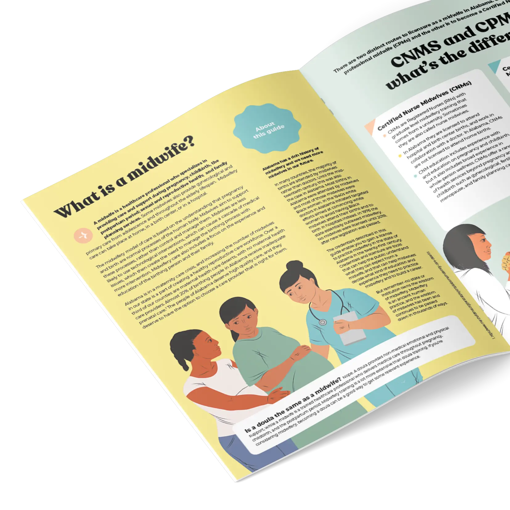An open booklet with an illustration of three women: one pregnant, and two healthcare professional in scrubs. The healthcare worker is explaining something to the expectant mother. The background is soft yellow, and the title reads, “What is a midwife?”