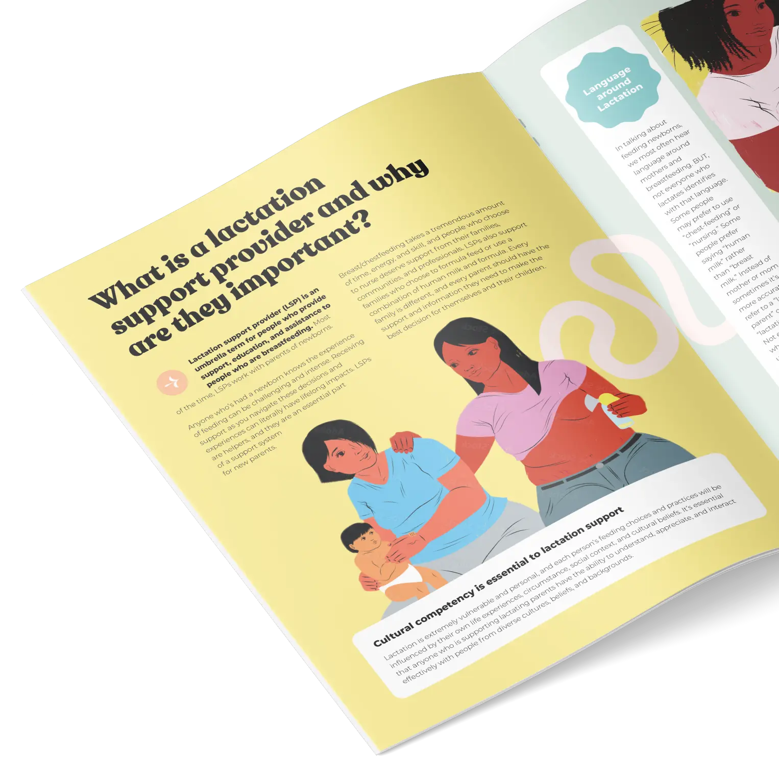 An open booklet featuring an illustration of two women. One woman, wearing a blue shirt, holds a baby while breastfeeding. The other woman, in a pink shirt, assists by holding a lactation aid. The background is soft yellow, and the title reads, “What is a lactation support provider and why are they important?” 