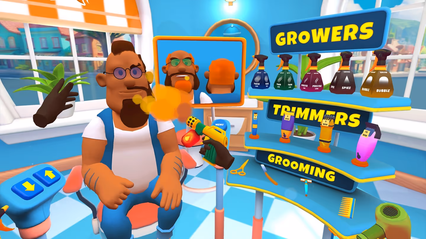 Shave and Stuff gameplay photo where a brown person is sitting in a chair getting his hair cut.