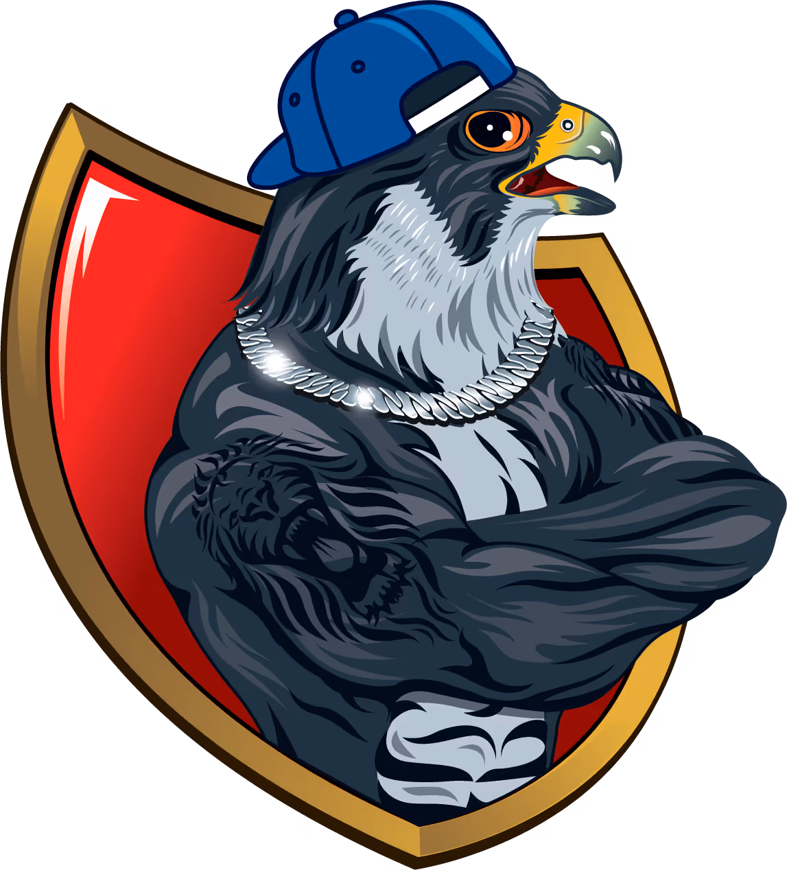 Falcon Logo for Mack Falcon. The bird is wearing a blue hat is very muscly and is wearing a silver chain. 