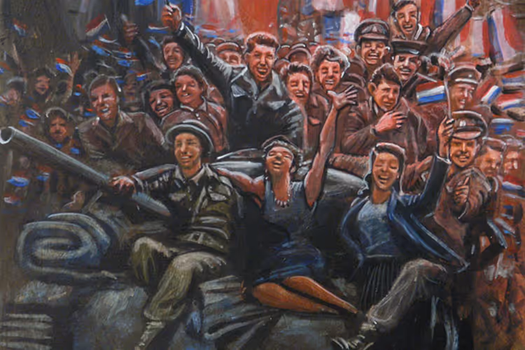 Painting of a joyful crowd of soldiers and civilians celebrating, waving flags and cheering together.