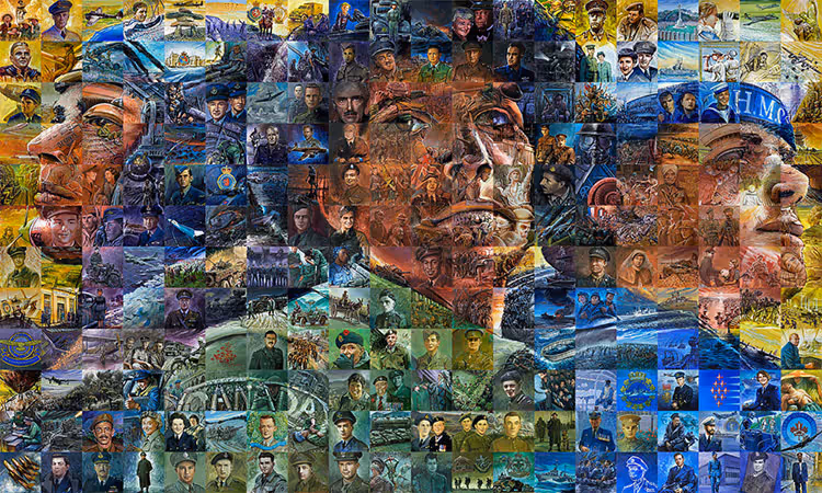 Mosaic artwork of three military service members' faces composed of smaller historic military scenes and portraits.