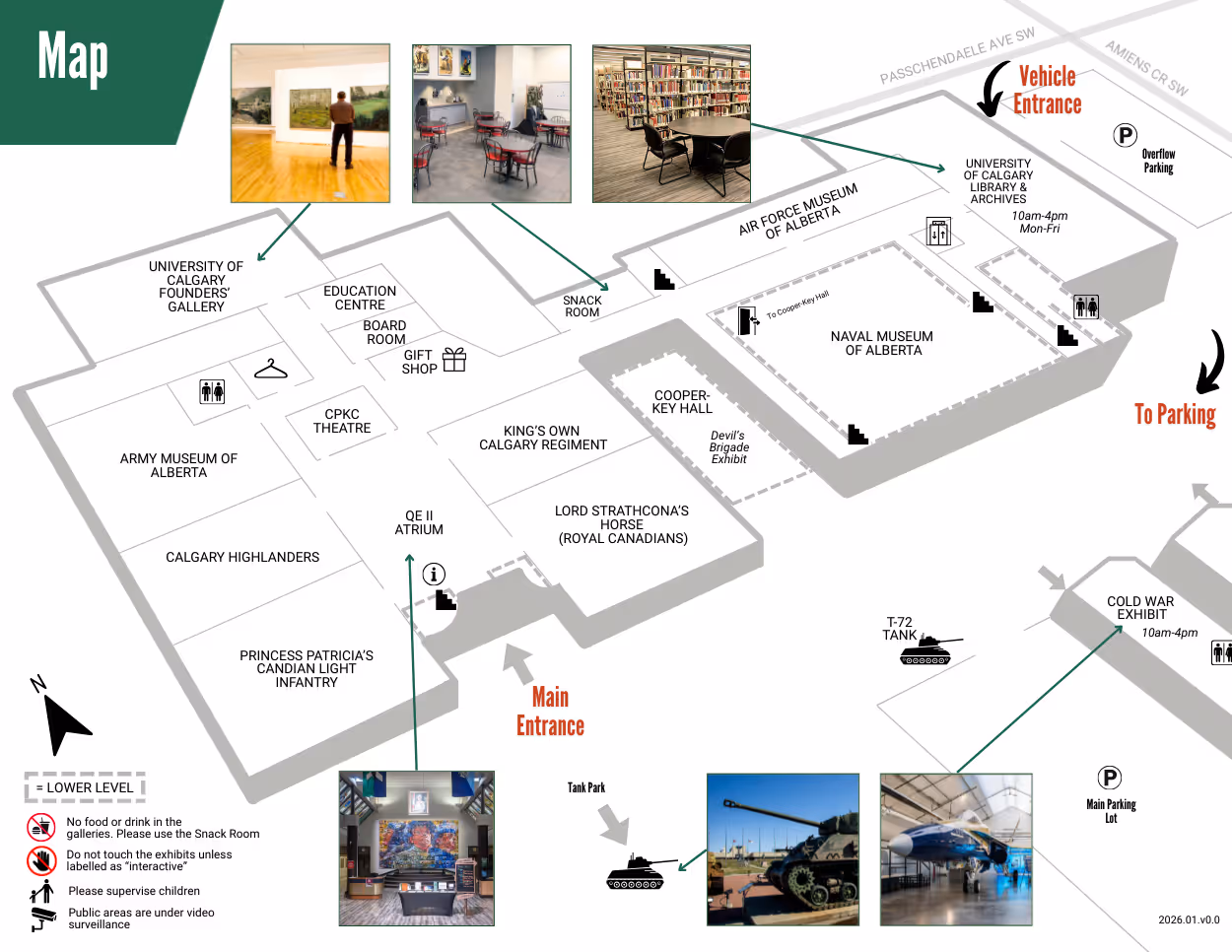 Floor plan of a museum complex showing galleries and exhibits including Army Museum of Alberta, Air Force Museum of Alberta, Navy Museum of Alberta, Cold War Exhibit, Founders' Gallery, Gift Shop, Education Centre, and University of Calgary Library & Archives, with marked entrances, staircases, restrooms, and parking areas.