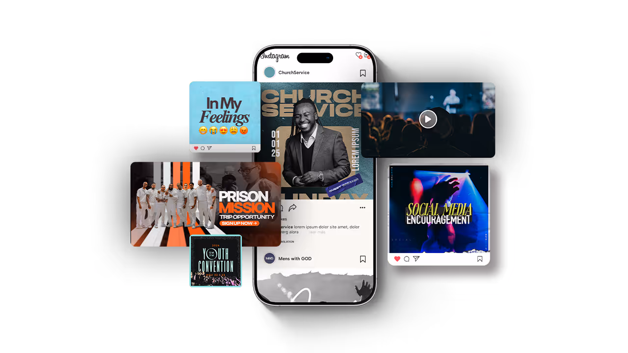 Smartphone displaying social media posts about church events including prison mission trip, youth convention, church service, feelings, and social media encouragement.