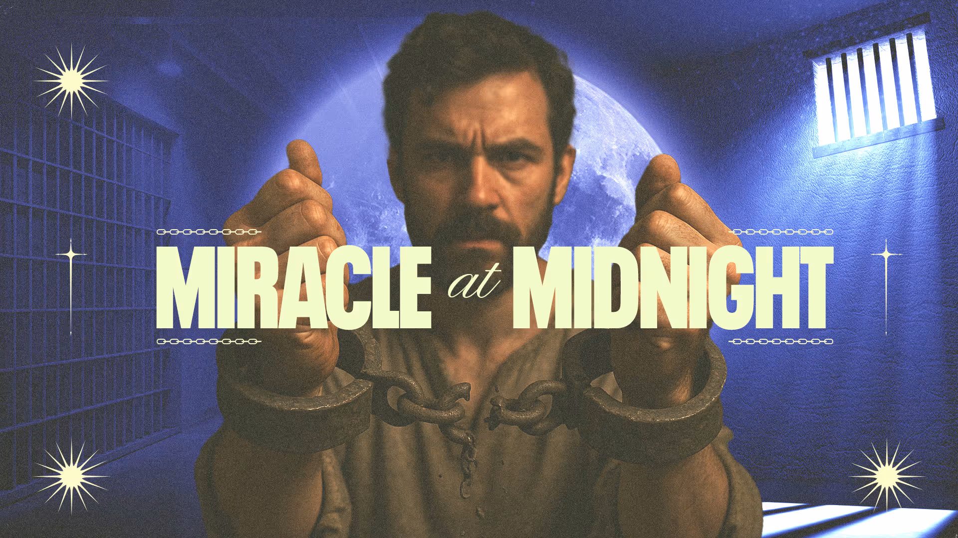 Man in handcuffs with broken chain links inside a prison cell, illuminated by moonlight and bars, with text reading 'Miracle at Midnight'.