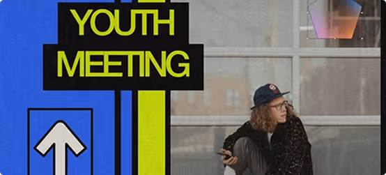 Person with curly hair and glasses sitting while holding a phone next to bold text reading 'Youth Meeting' with an upward arrow on a blue and green background.