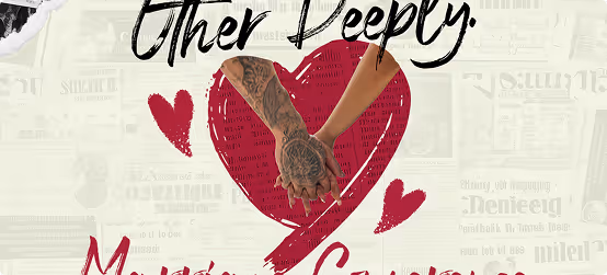 Two hands holding each other in front of a large red heart with smaller hearts around it on a beige background with faint vintage text.