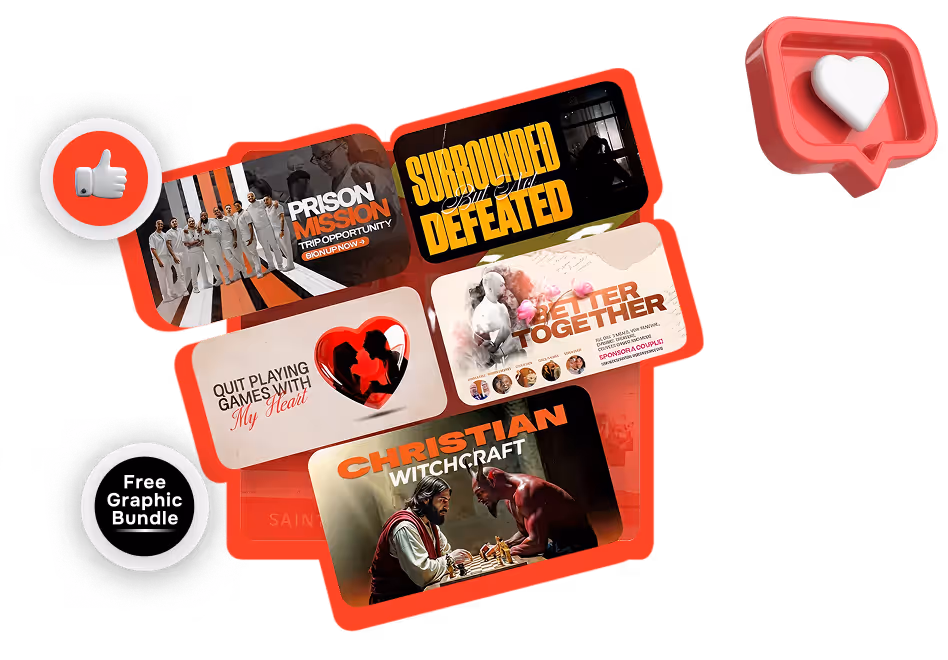 Collage of five graphic banners with themes: Prison Mission trip opportunity, Surrounded but not defeated, Quit Playing Games with My Heart, Better Together event, and Christian Witchcraft chess game, with like and love icons and a 'Free Graphic Bundle' badge.