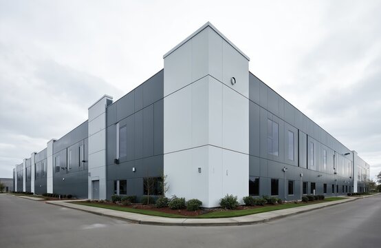 Modern gray and white industrial warehouse building on a corner lot under a cloudy sky.