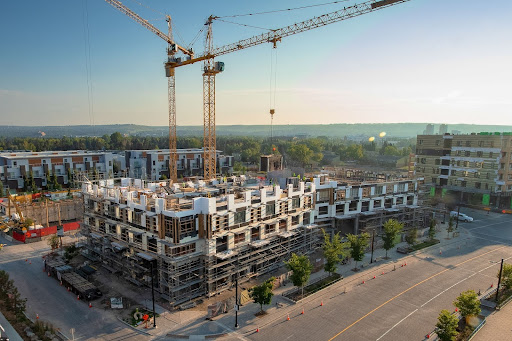 This image depicts an aerial view of a construction site. The project utilizes ICF blocks from SuperForm.