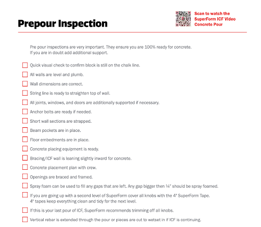 This image depicts a pre-pour concrete inspection checklist from SuperForm.