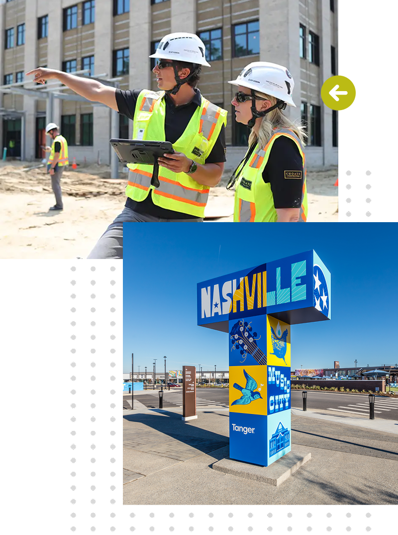 A collage of engineers on a job site and another photo of a Nashville artistic sign