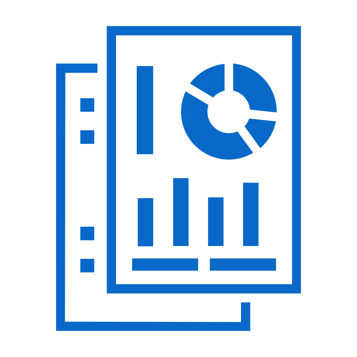 Ícones de relatórios com gráfico de pizza e gráfico de barras em azul.