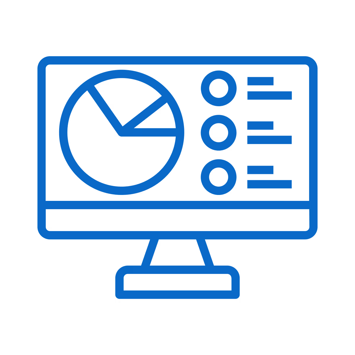 Ícone azul de um monitor com gráfico de pizza e lista de tópicos no lado direito.