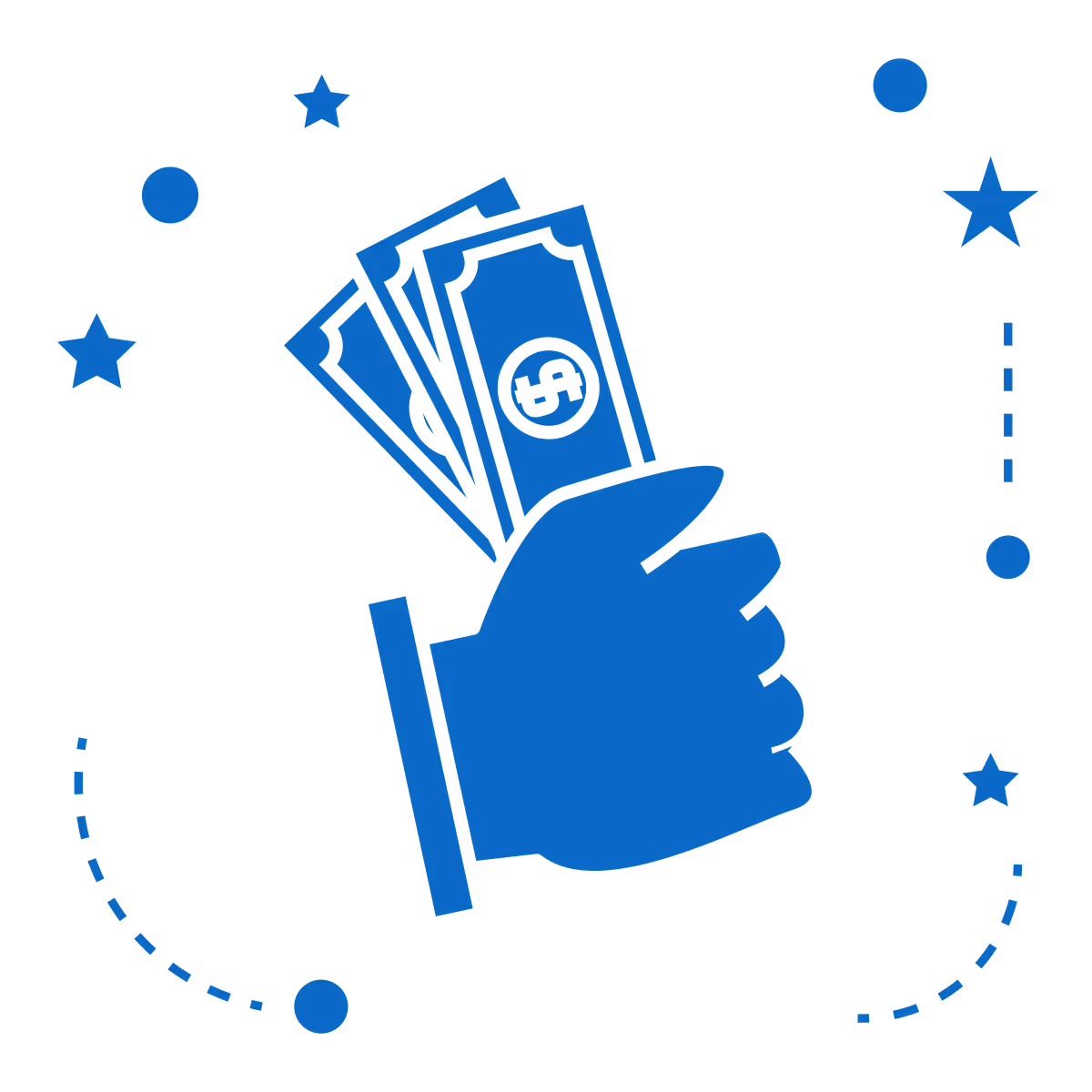 Mão segurando várias cédulas de dinheiro azul com símbolos de dólar.