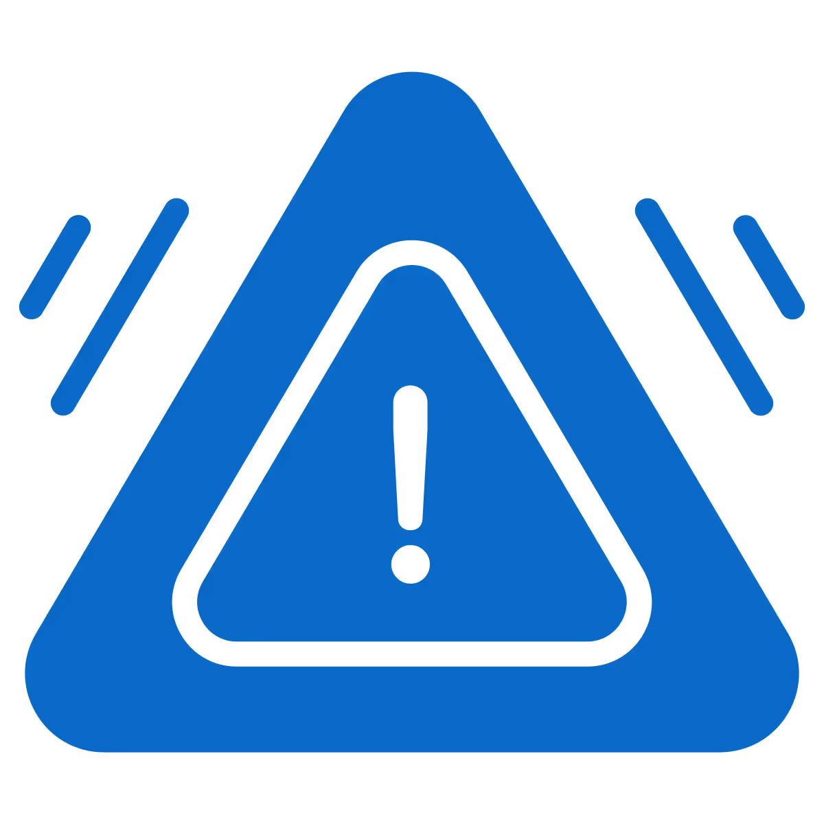 Símbolo azul de aviso triangular com ponto de exclamação no centro e linhas indicando som ou alerta.