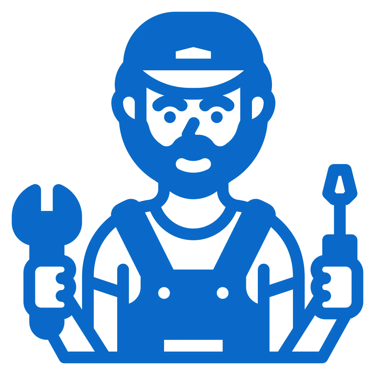 Ícone azul de um mecânico segurando uma chave inglesa e uma chave de fenda.