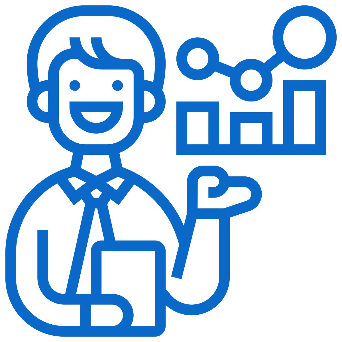 Ícone azul de pessoa sorridente com gravata apresentando gráfico de barras e linha.