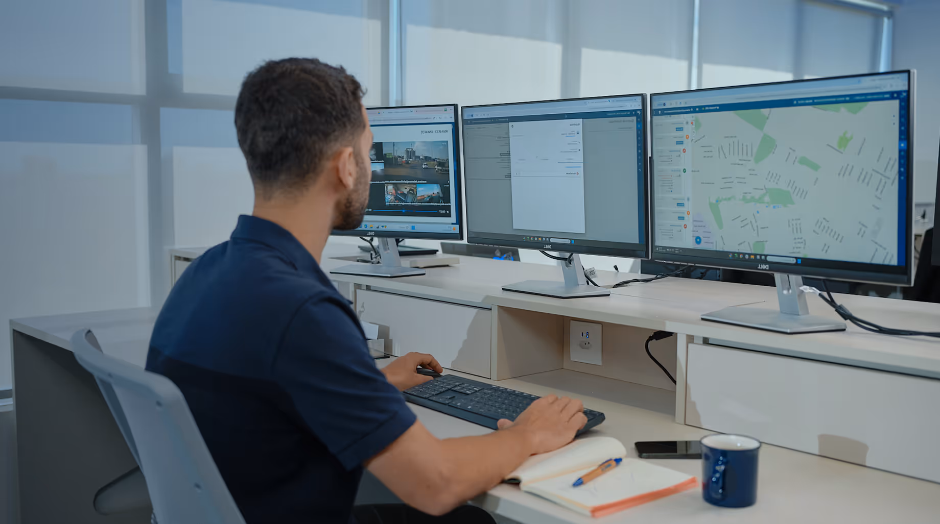 Homem sentado em escritório usando teclado e monitor com telas exibindo mapas e câmeras de segurança.