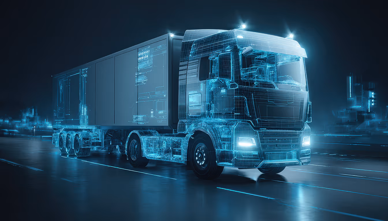 Caminhão digital futurista em estilo holográfico azul, mostrando detalhes internos e operando em estrada à noite.