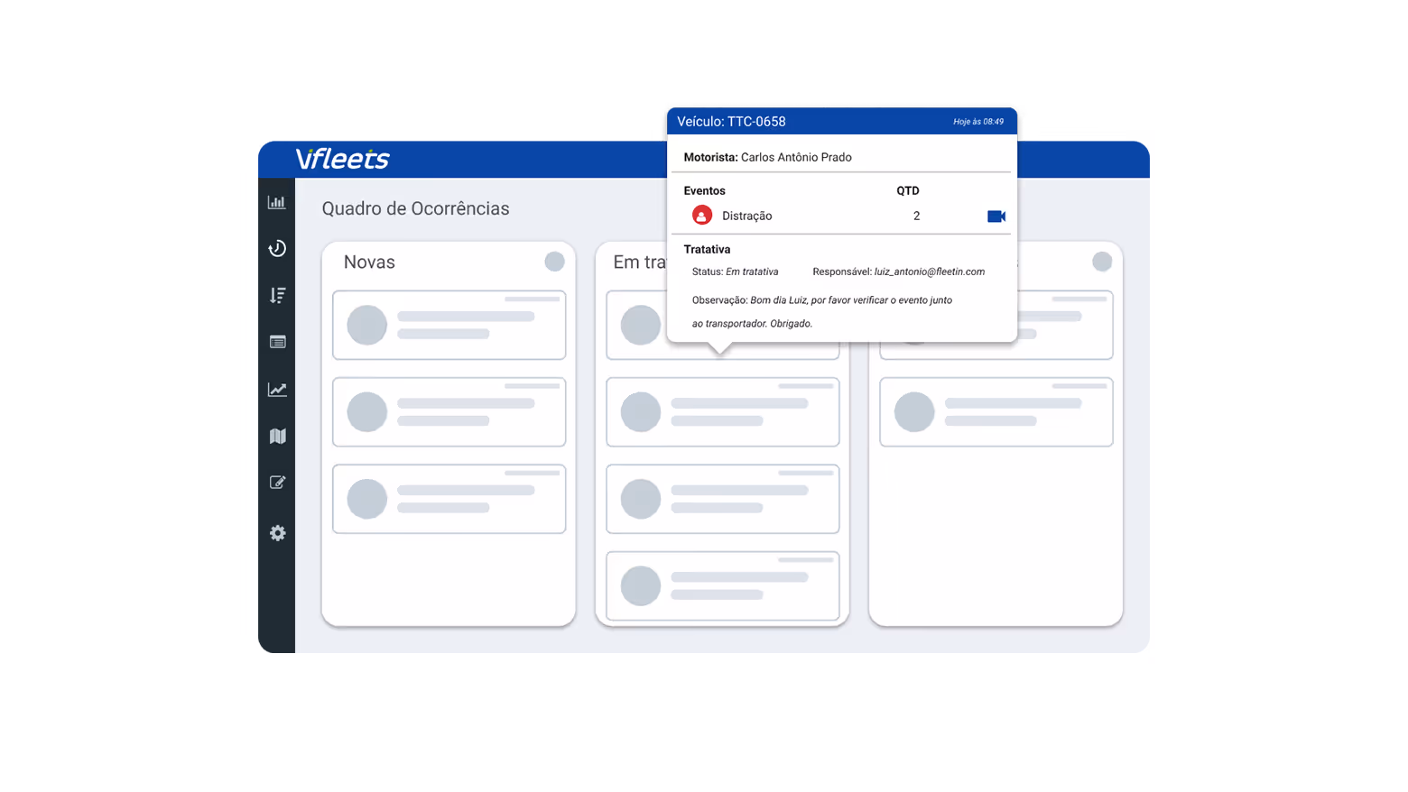 Tela do sistema Vfleets mostrando quadro de ocorrências com colunas de Novas, Em tratamento e outras, destacando detalhes do veículo TTC-0658, motorista Carlos Antônio Prado, evento distração com quantidade 2 e status de tratamento em andamento.