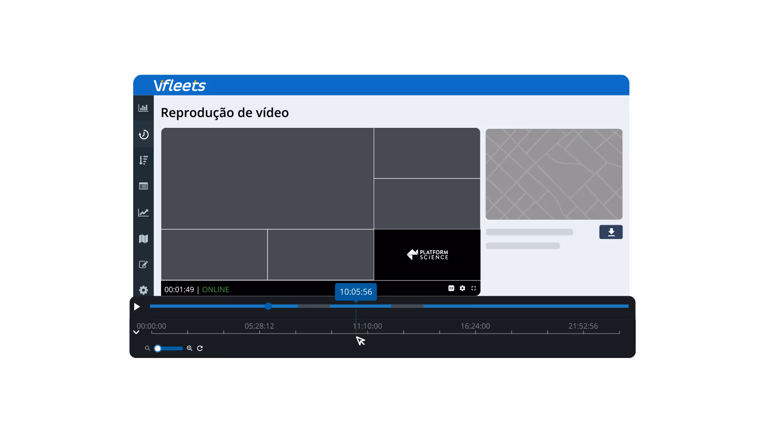 Interface de reprodução de vídeo do Vfleets com múltiplas telas de monitoramento e linha do tempo com controles de reprodução.