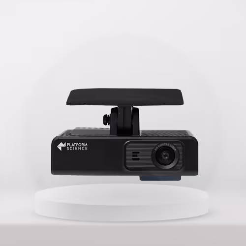 Câmera preta de videotelemetria da Platform Science sobre suporte em fundo cinza claro.