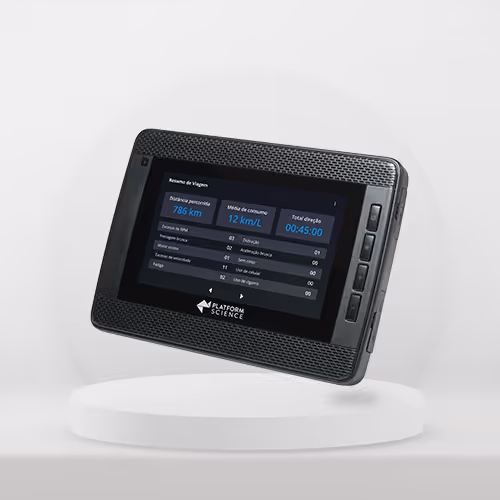 Dispositivo eletrônico preto exibindo resumo de viagem com distância percorrida, média de consumo e total de direção.