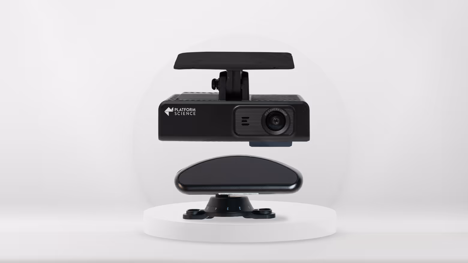 Dispositivo preto com câmera HD e suporte para montagem, exibido em fundo branco.