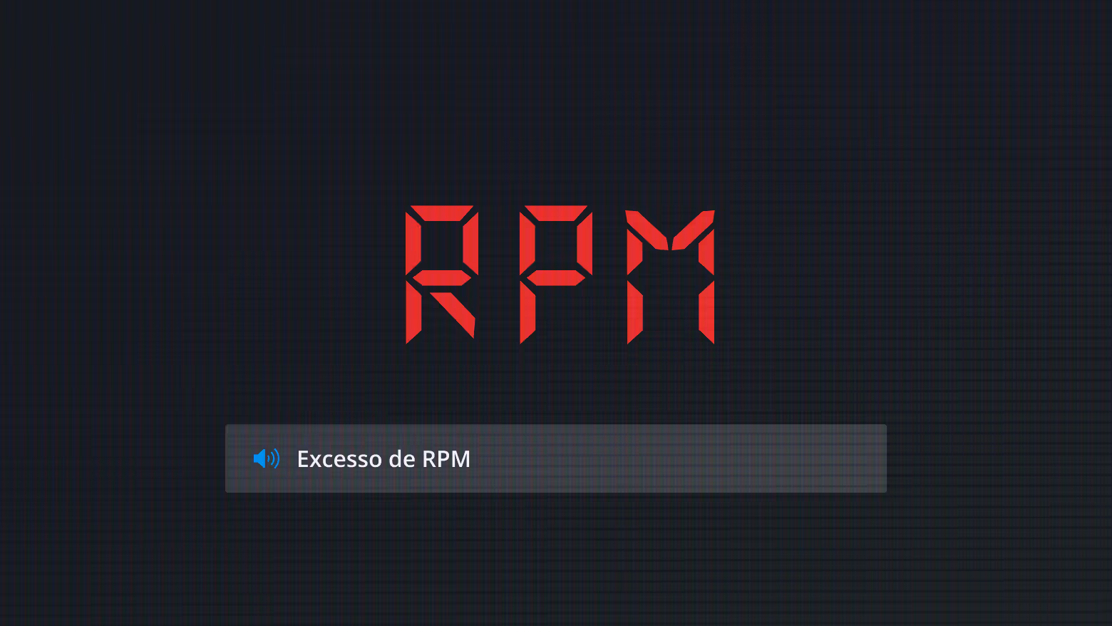 Texto digital vermelho representando RPM em um fundo preto com uma barra de áudio mostrando 'Excesso de RPM'.