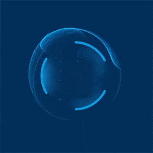 Animação de esfera azul translúcida com segmentos internos rotativos em fundo azul escuro.