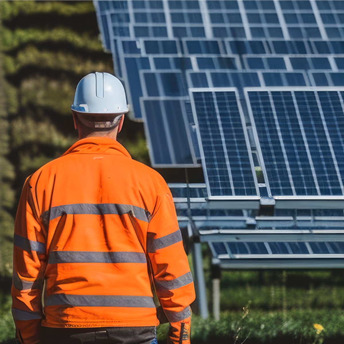 Worker in high-visibility orange gear and hard hat surveys a solar farm—underscoring the importance of real-time incident reporting and safety assurance using WorkSafeAI’s voice-powered tool in renewable energy environments.