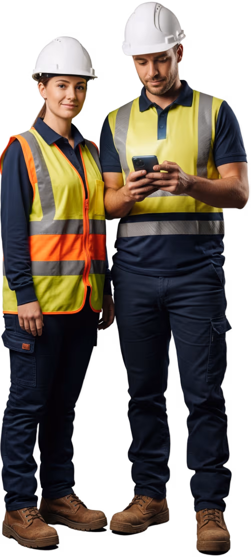 Two construction workers wearing safety helmets, reflective vests, and work boots. One worker looks at the camera while the other uses a smartphone to interact with the Workable app, which transforms organisational health and safety with AI-powered reporting.