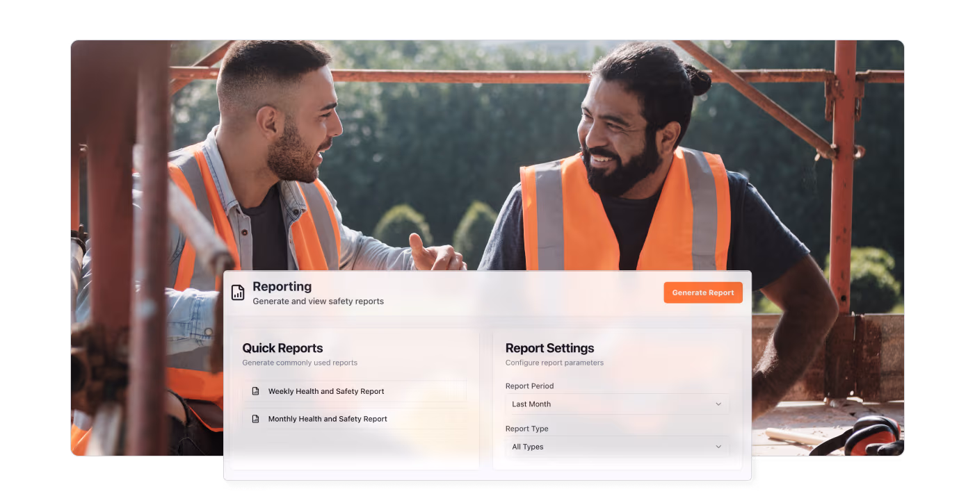 Construction workers talking on site with the Workable app reporting dashboard shown, enabling AI-powered health and safety reporting.