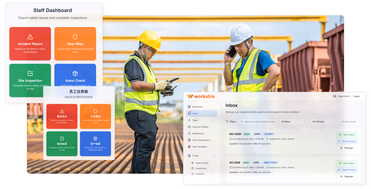 Construction workers on site using the Workable app for safety reporting and inspections, with dashboard and inbox screens shown. Workable transforms organisational health and safety with AI-powered reporting.