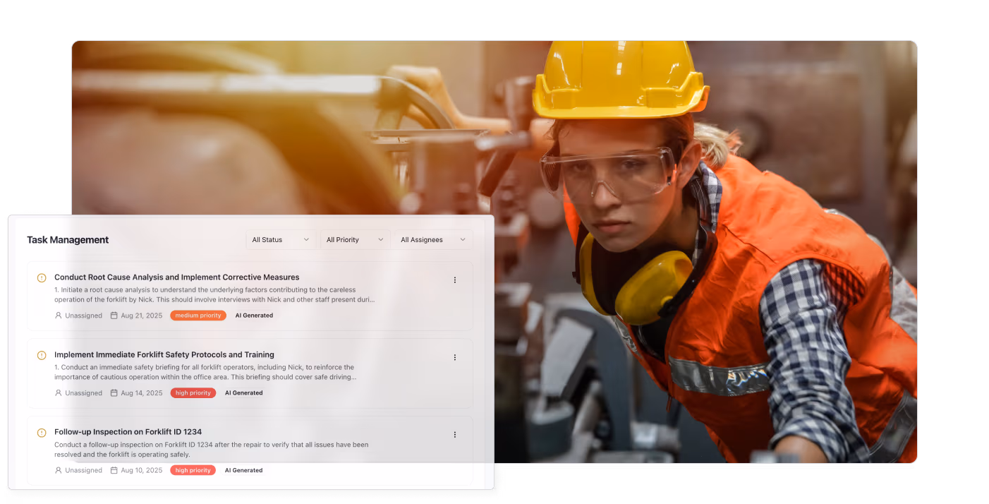 A construction worker wearing a hard hat, safety glasses, ear protection, and a high-visibility vest operates machinery while staying focused on the task. Overlaid on the image is the Workable app’s Task Management dashboard, displaying assigned safety tasks and corrective measures. Workable transforms organisational health and safety with AI-powered reporting.