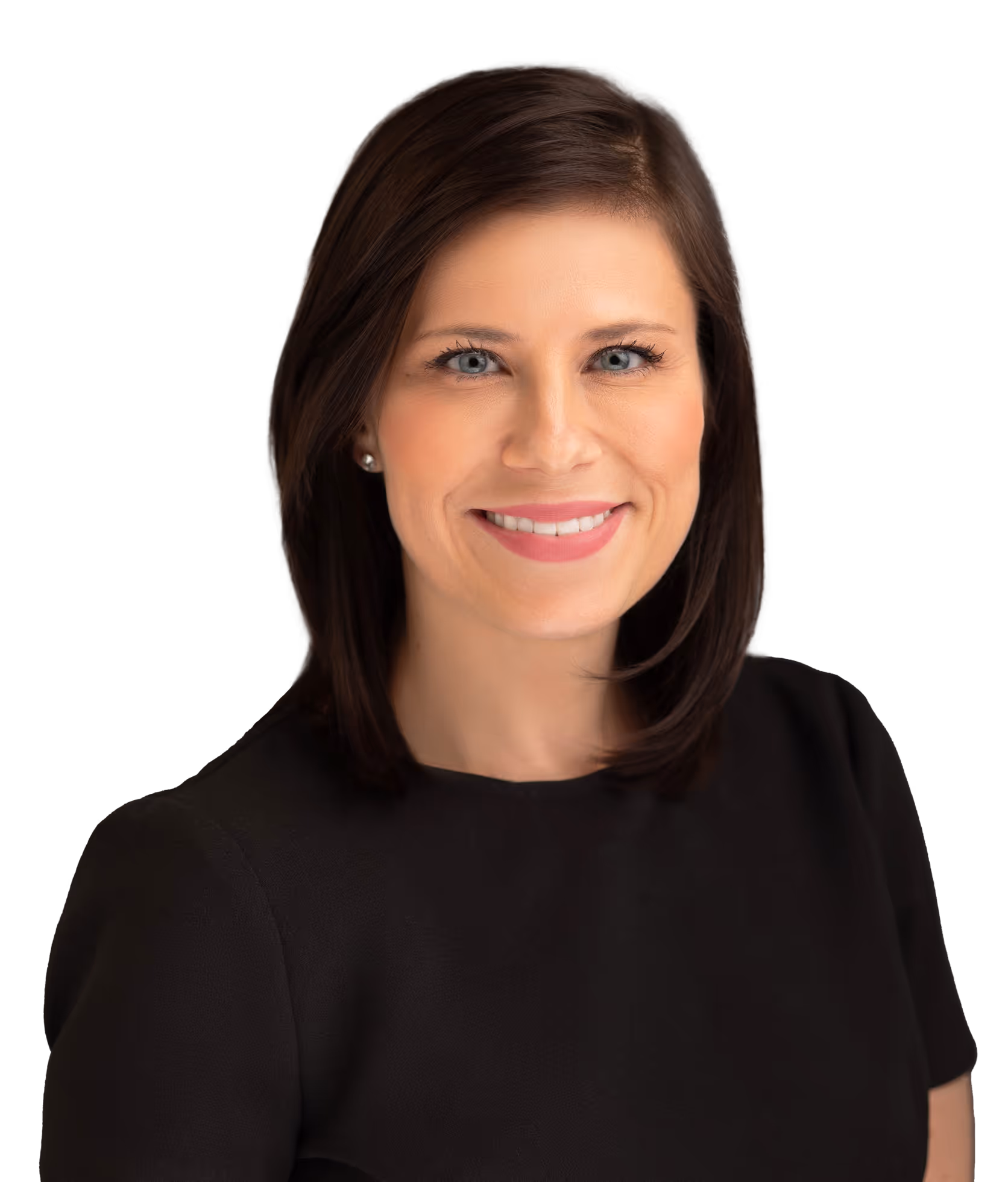 Professional headshot of a smiling woman in black shirt against gray background