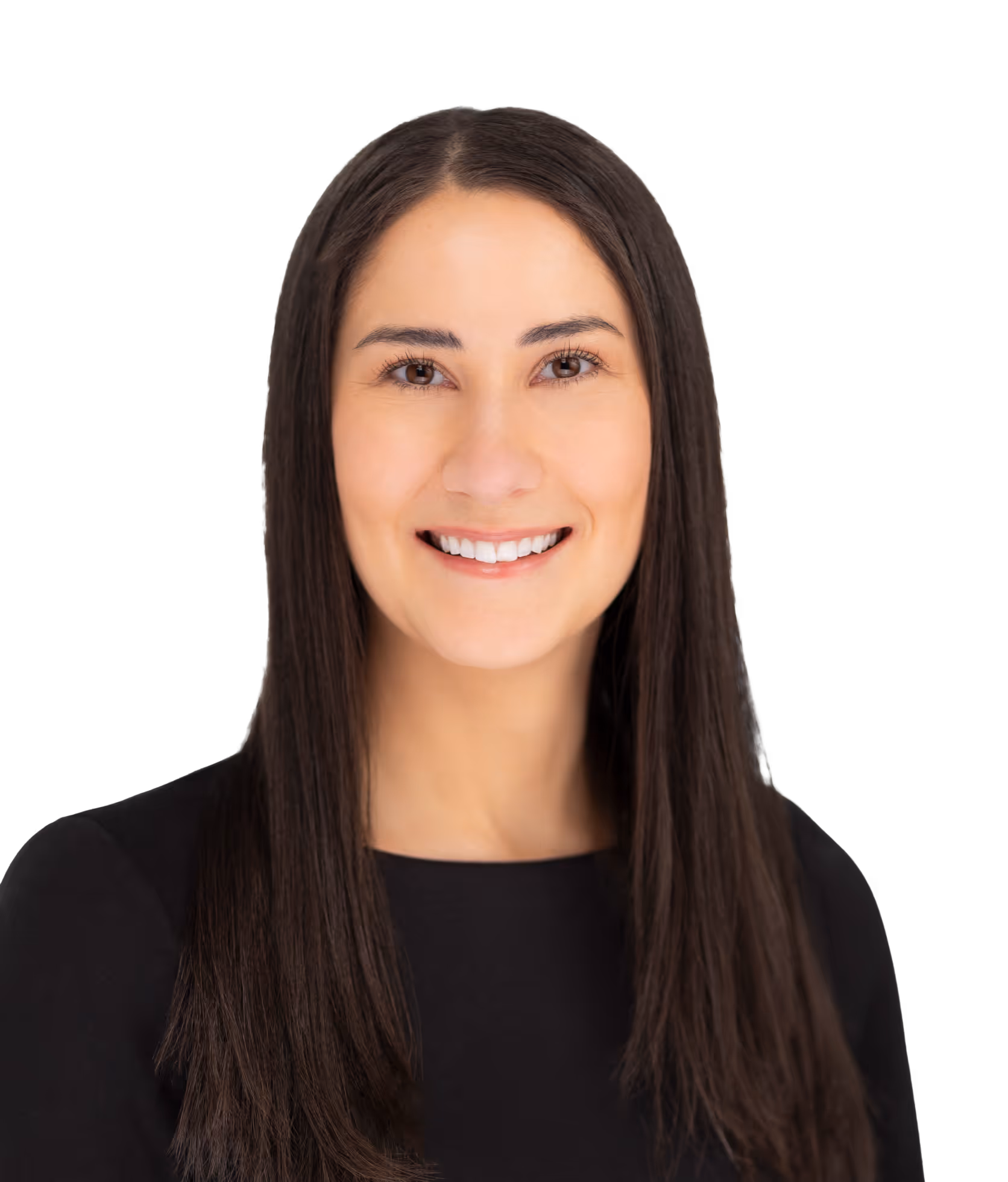 Professional headshot of a smiling woman in black shirt with long hair