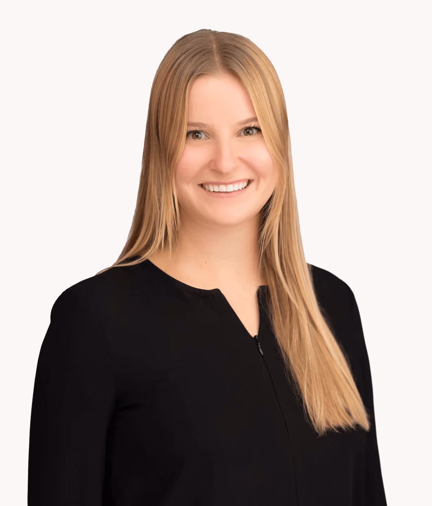 Smiling professional woman with long blonde hair wearing black top