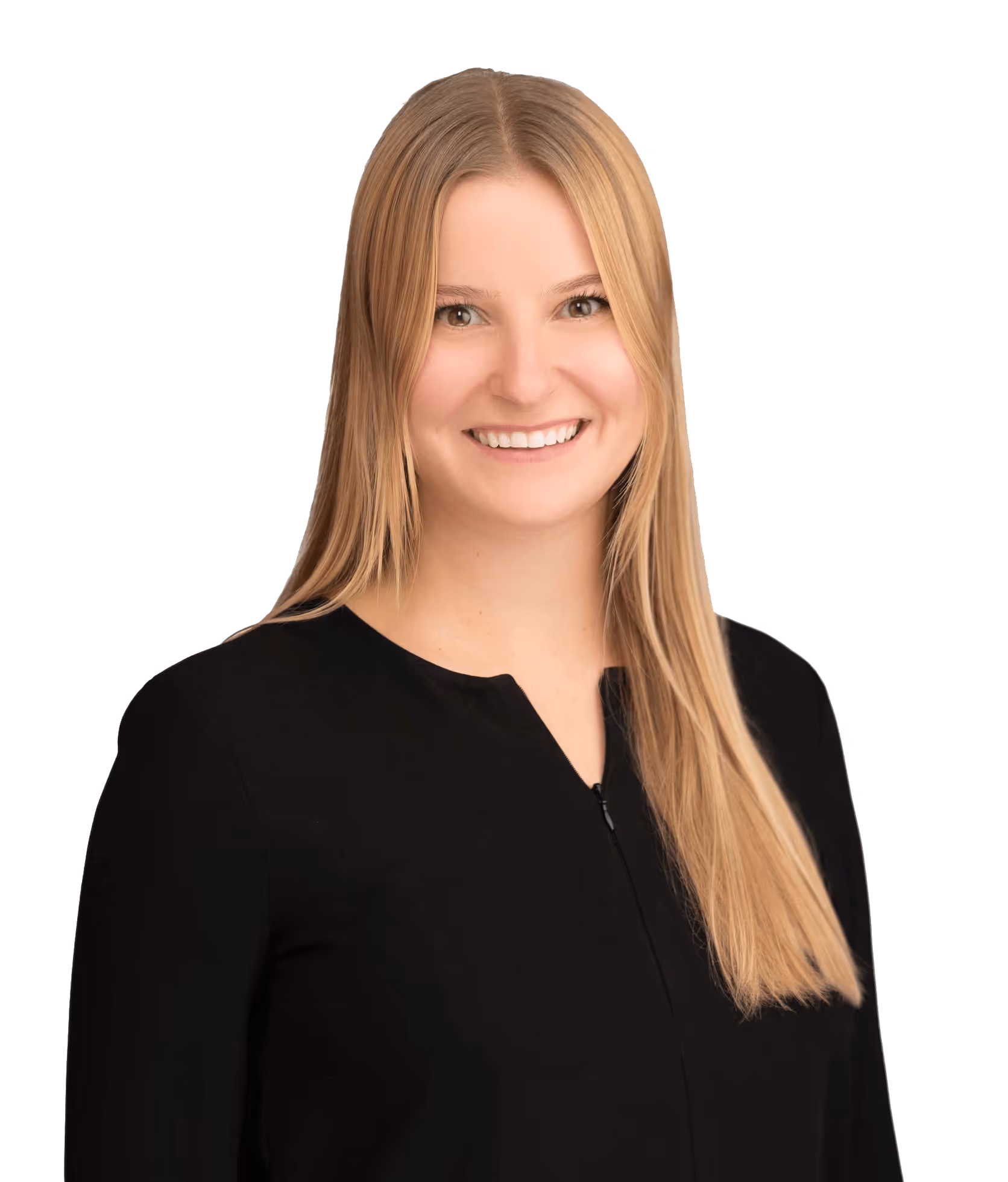 Smiling professional woman with long blonde hair wearing black top