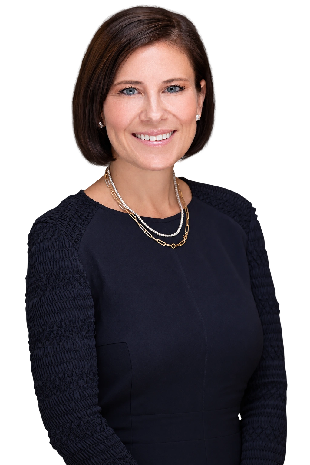 Professional headshot of a smiling woman in black shirt against gray background